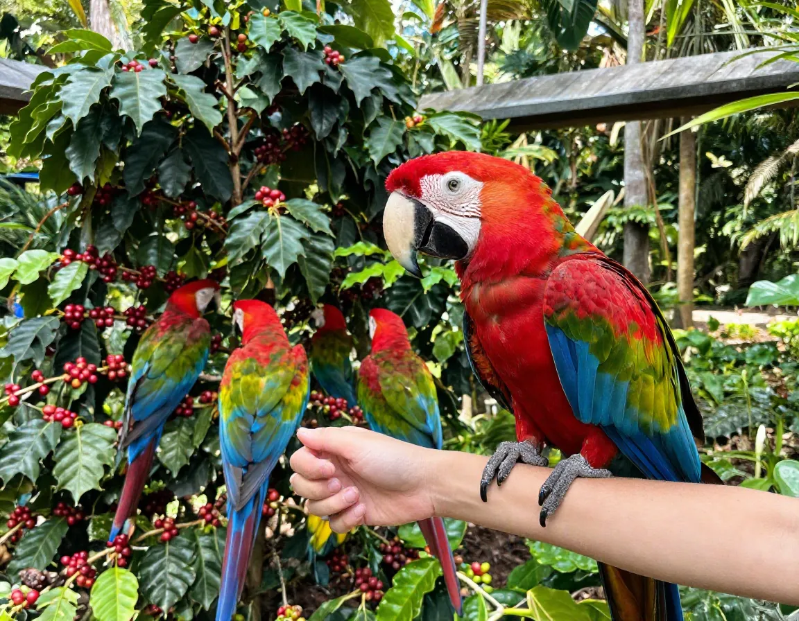 Parrots in paradise sanctuary tropical birds and kona coffee plants