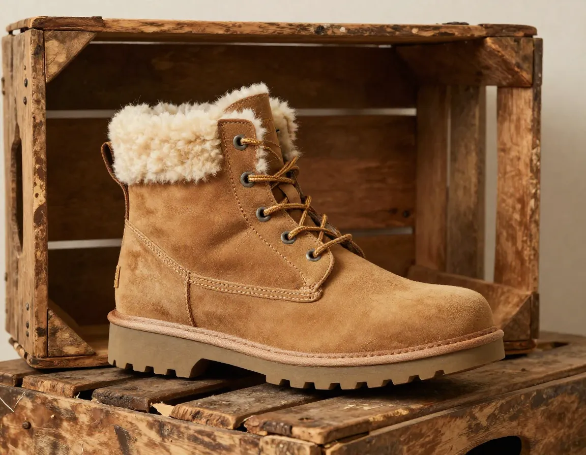 Ugg lakesider heritage lace boot on vintage wooden crate