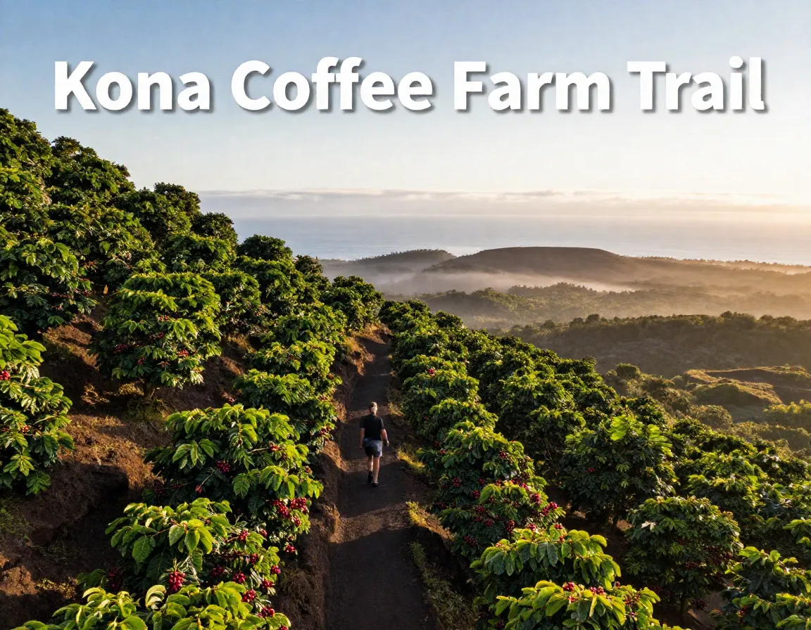 Aerial drone hiking trail through kona coffee farm volcanic slopes ocean view
