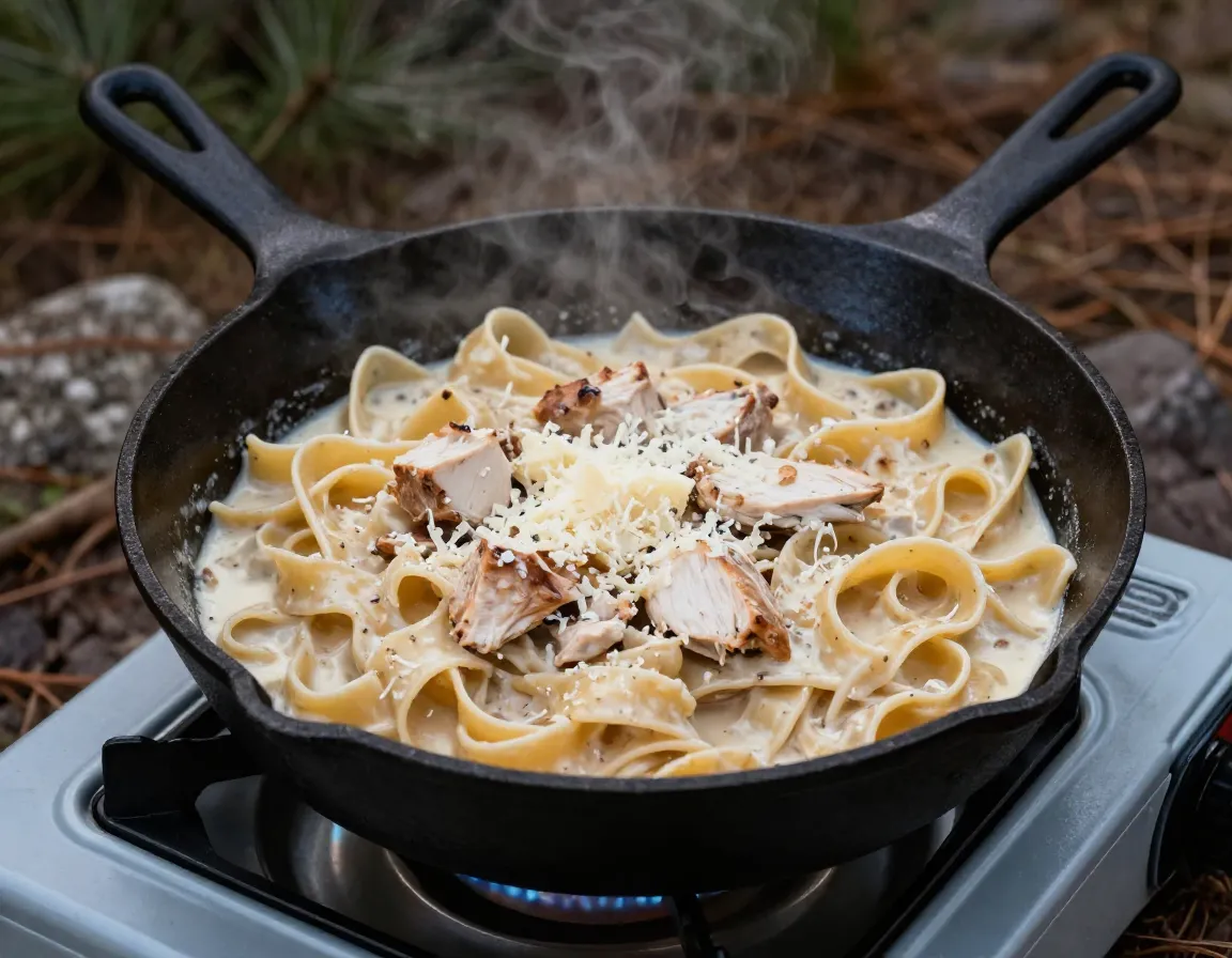 One pot chicken alfredo pasta simmering in cast iron skillet