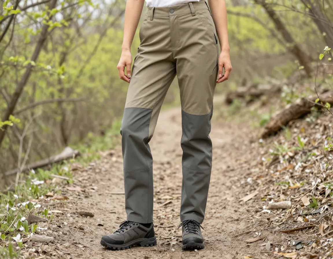 Neutral colored waterproof trousers on spring hiking trail