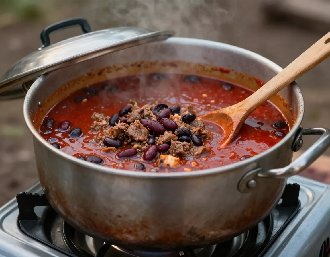 Hearty campfire chili simmering in large stock pot