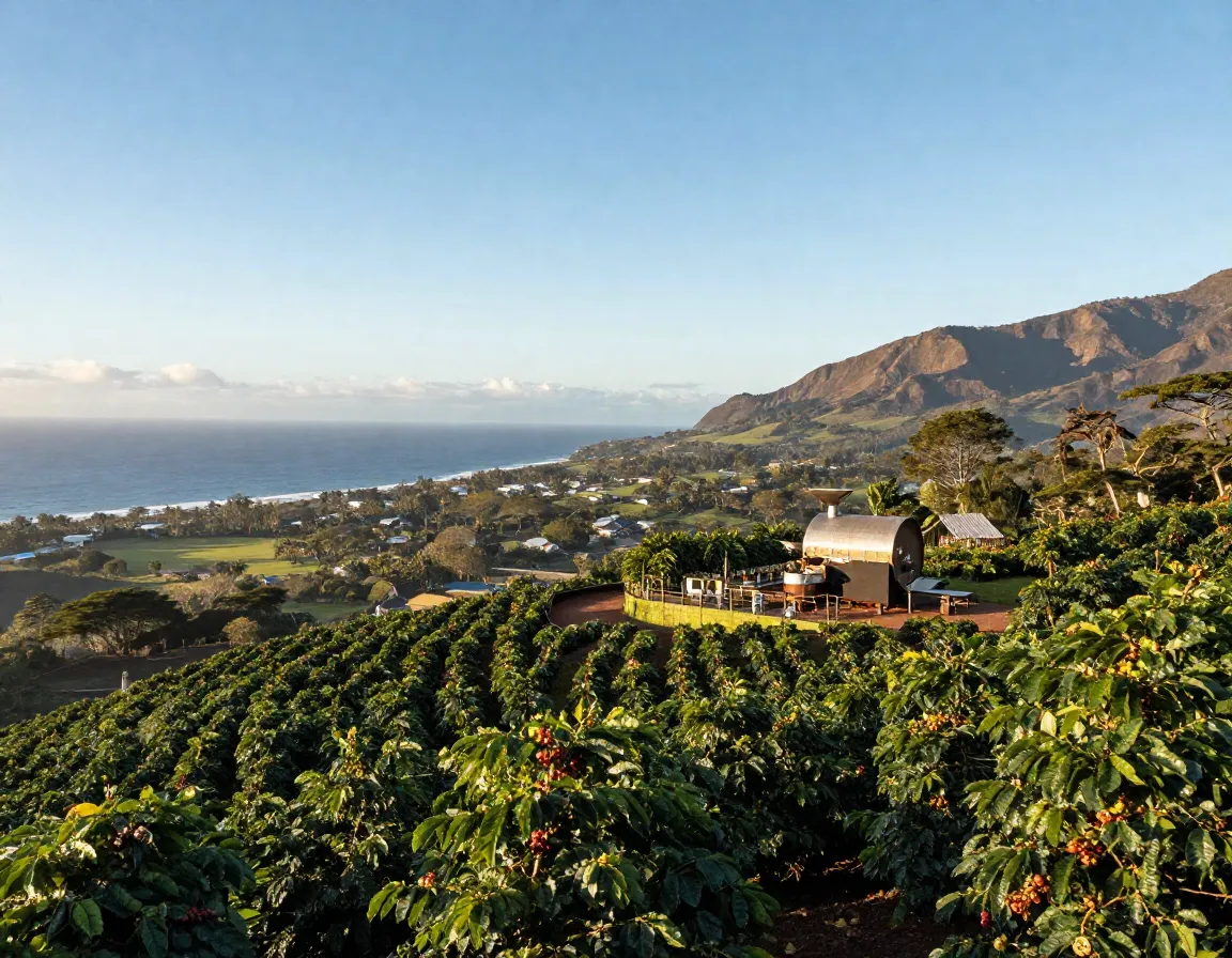 High elevation coffee plantation scenic coastal views roasting