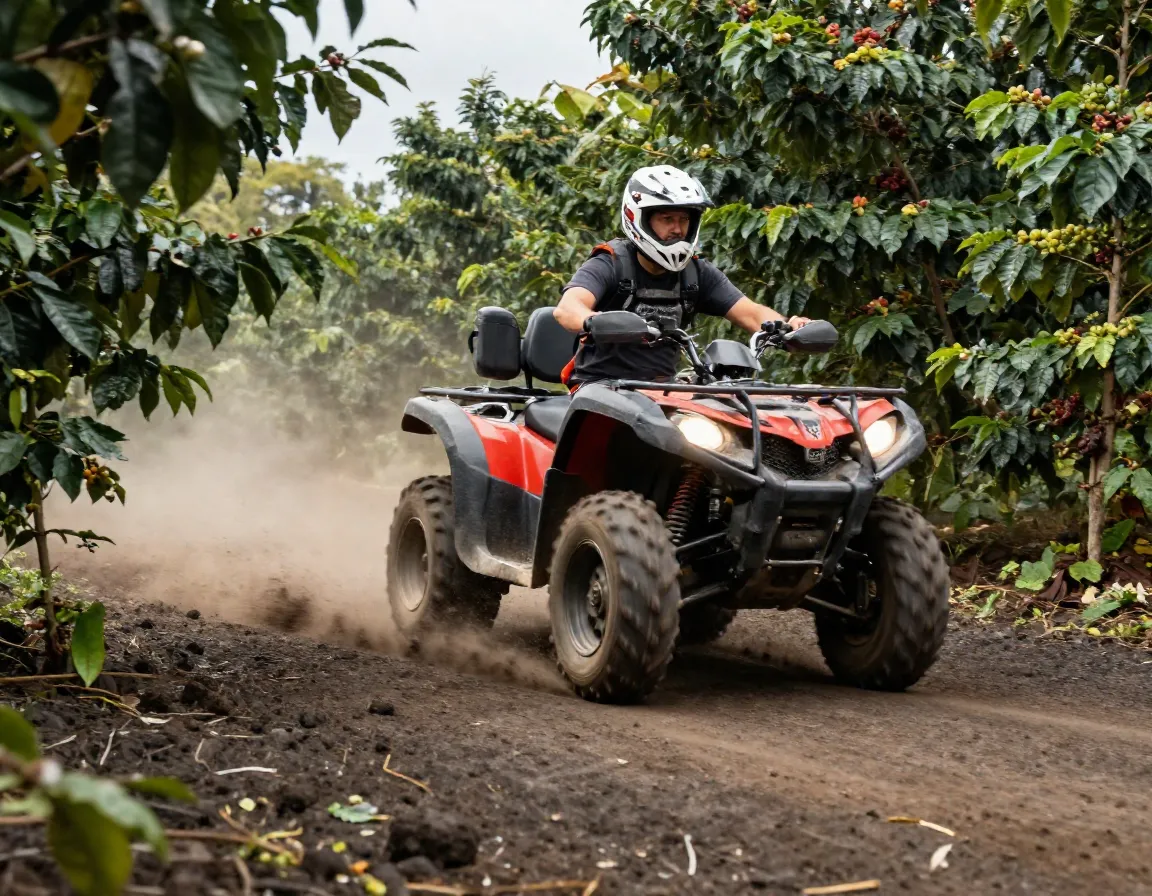 Adrenaline atv tour through volcanic coffee farm terrain