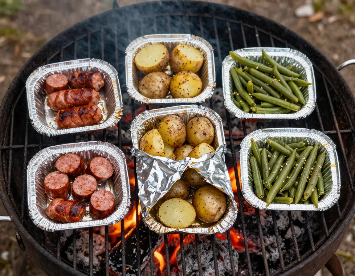 Sausage potato green bean foil packets on grill grate