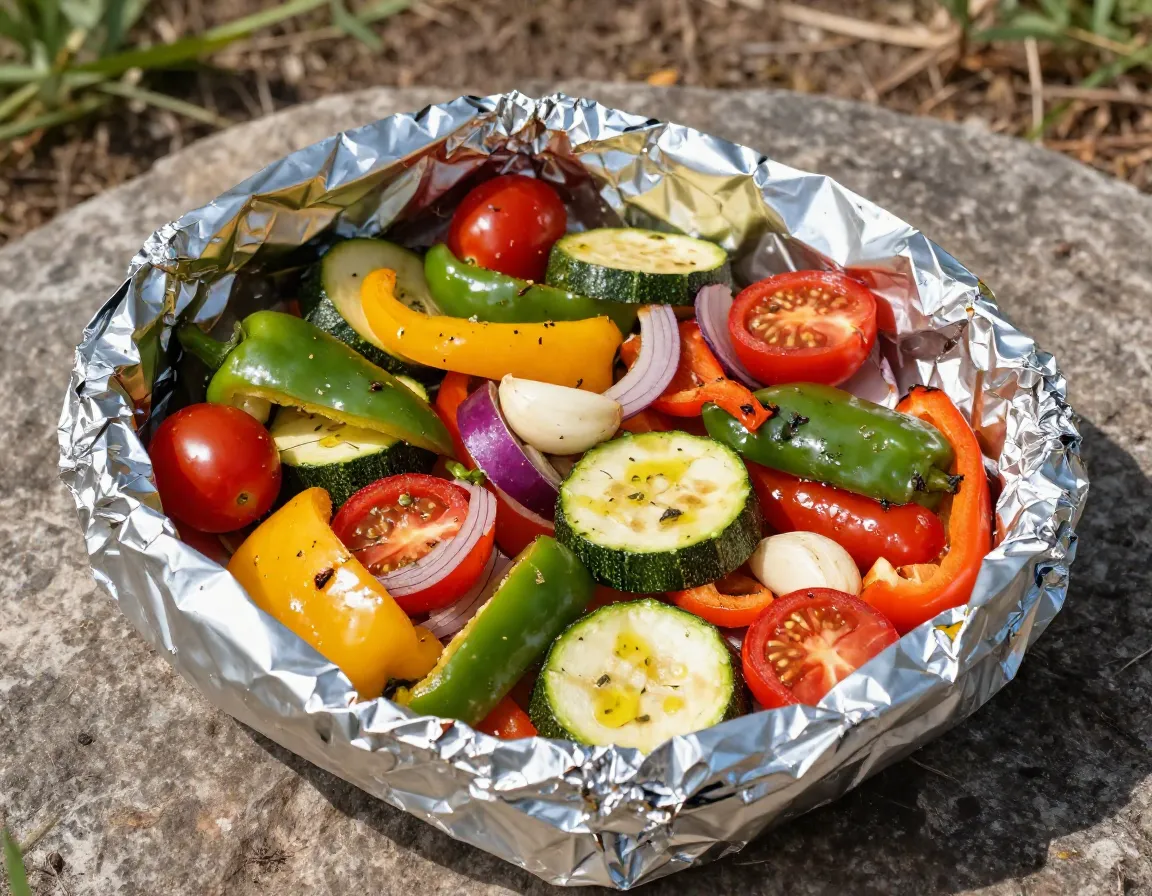 Roasted vegetable medley inside opened foil packet