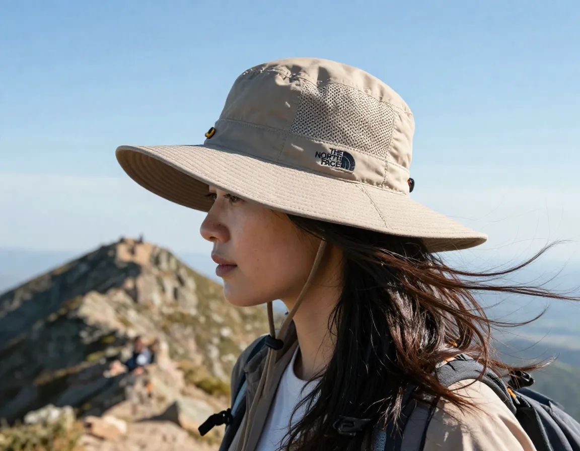 Wide brimmed hiking hat with chin strap on windy ridge