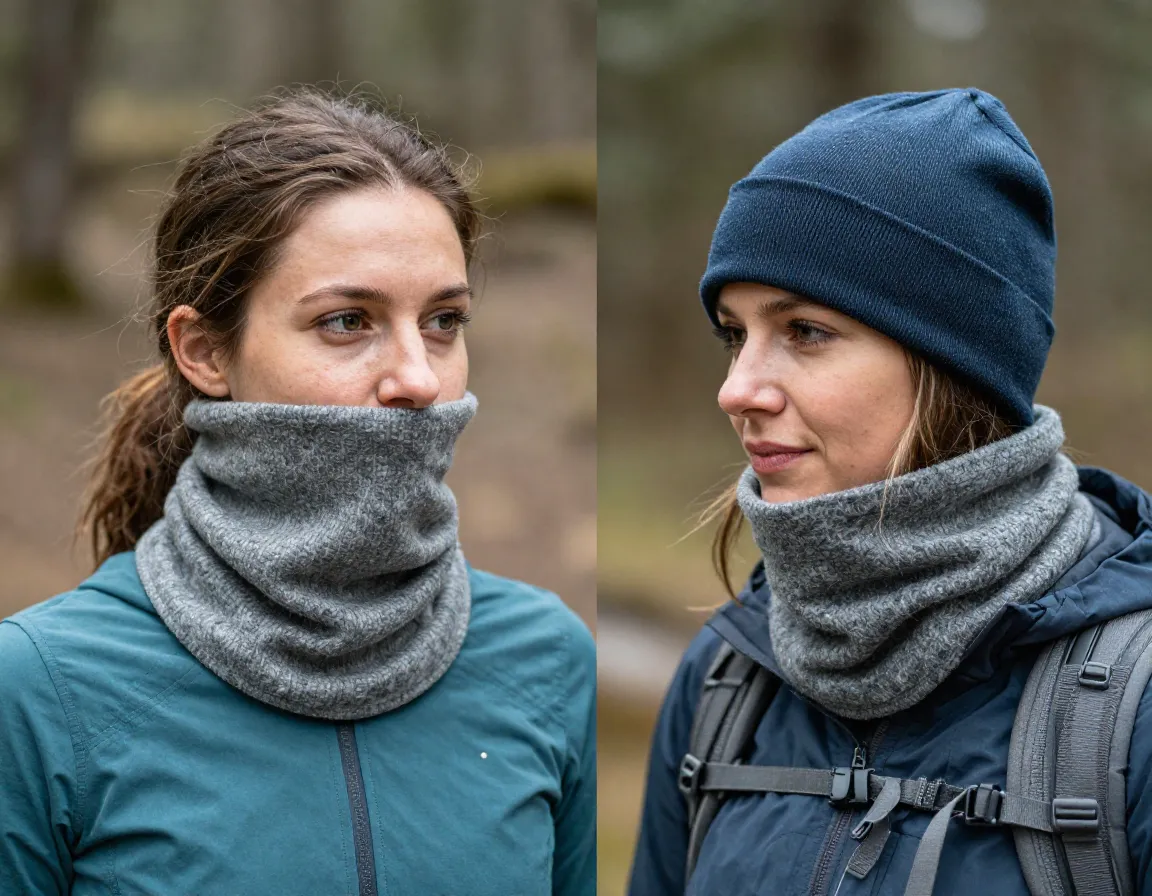 Merino wool buff worn as neck gaiter and lightweight beanie