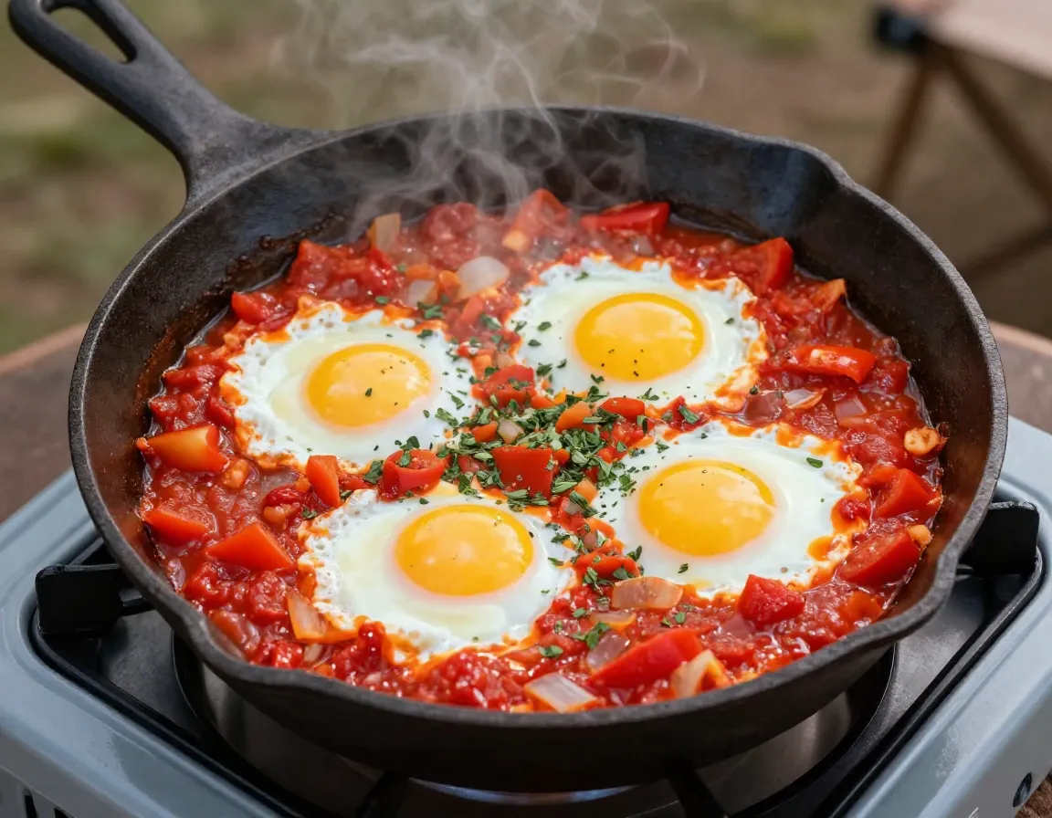 Skillet shakshuka with eggs poached in tomato sauce