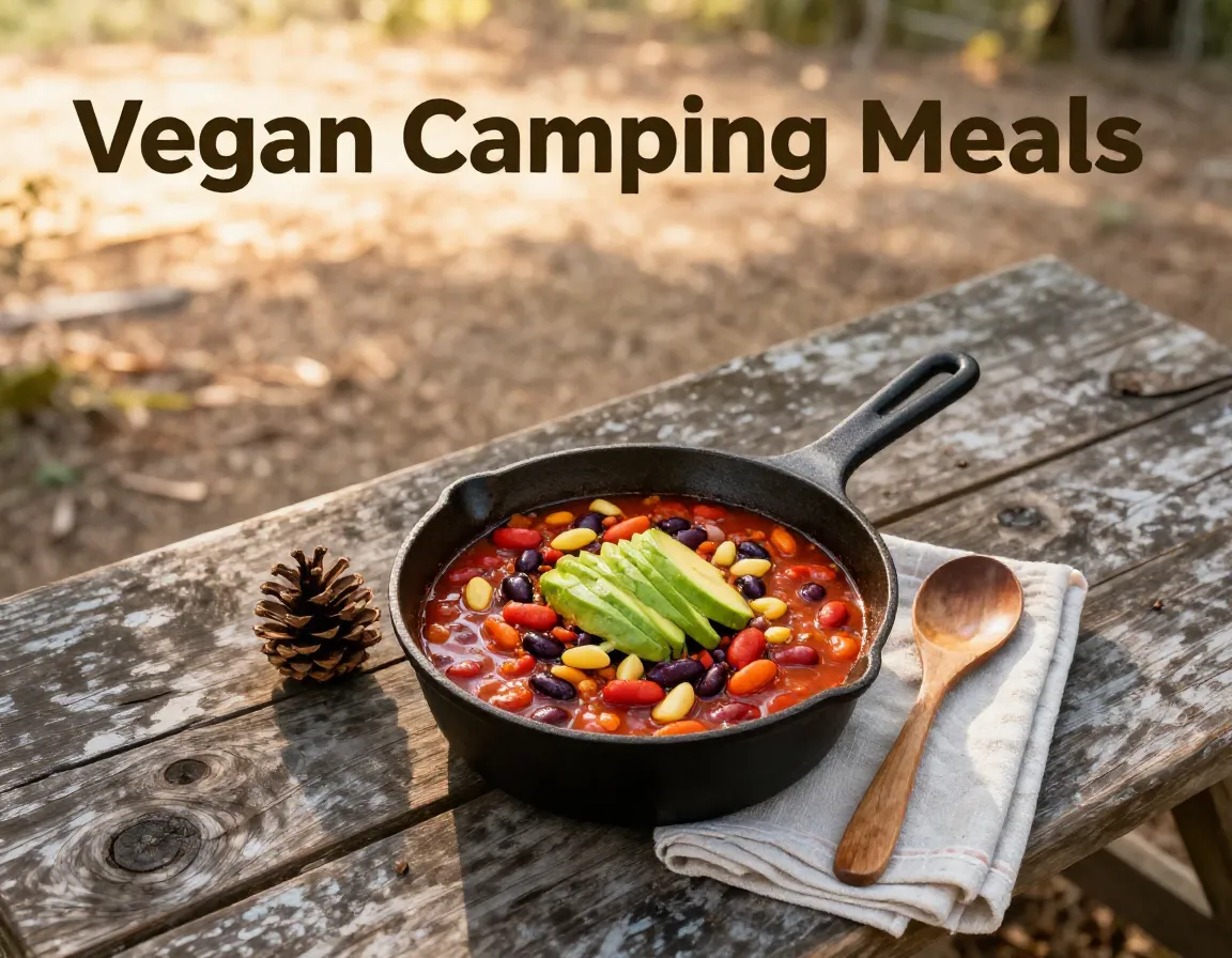 Hearty vegan camping chili cast iron pot sunset overhead shoot