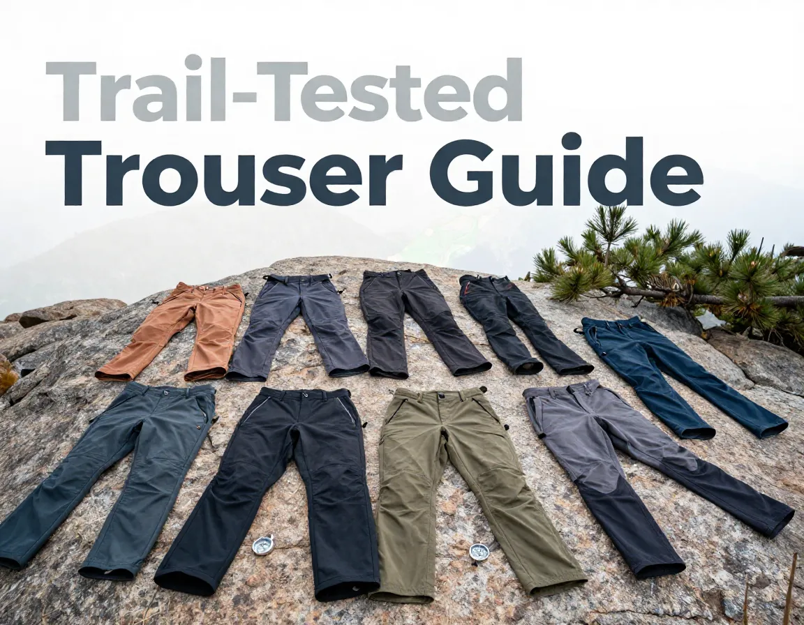 Nine hiking trousers on rock with compass trail background