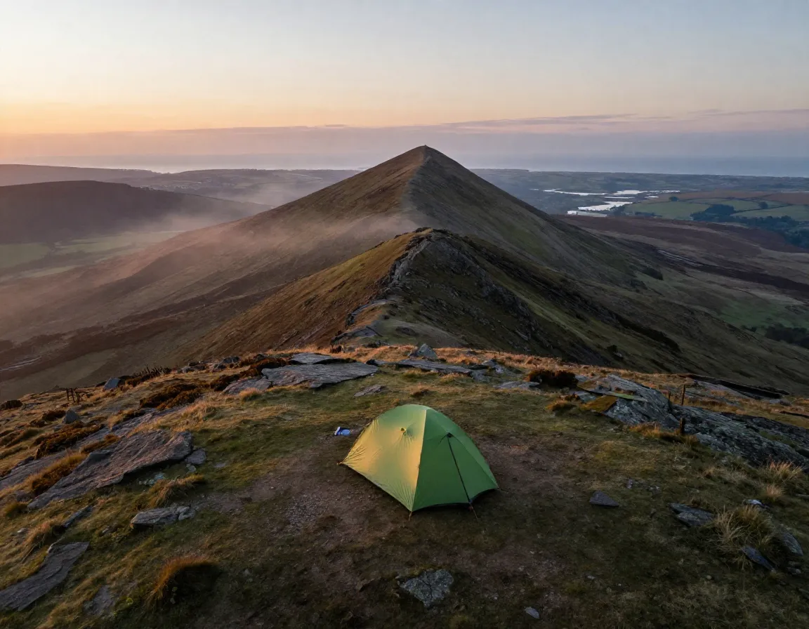 Sunrise camping on pen y fan summit in brecon beacons moorland