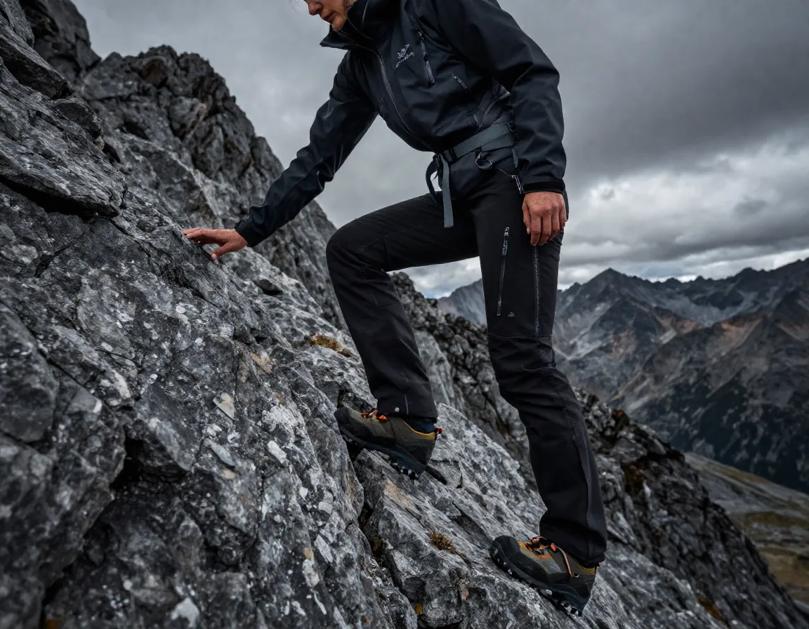 Arcteryx gamma pants alpine scrambling wind protection on mountain ridge