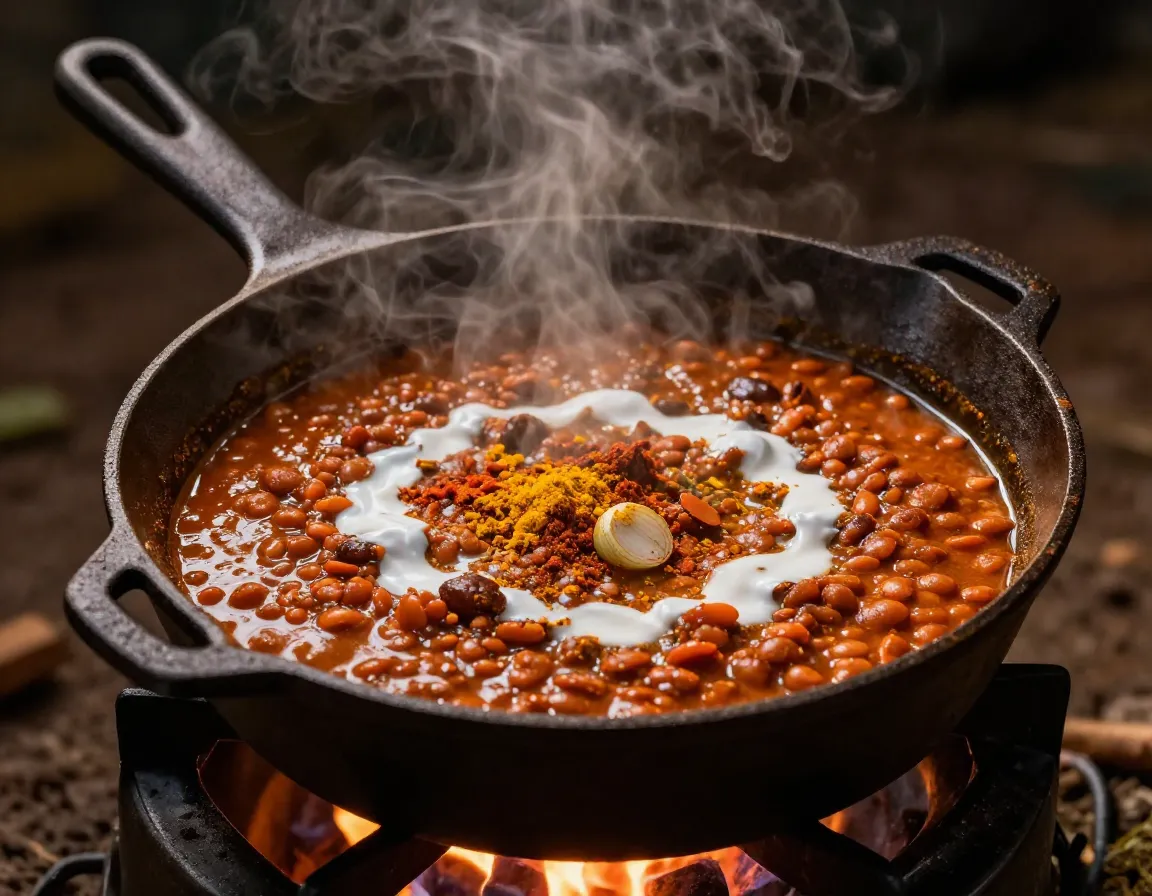 Red lentil curry cooking in a cast iron pot