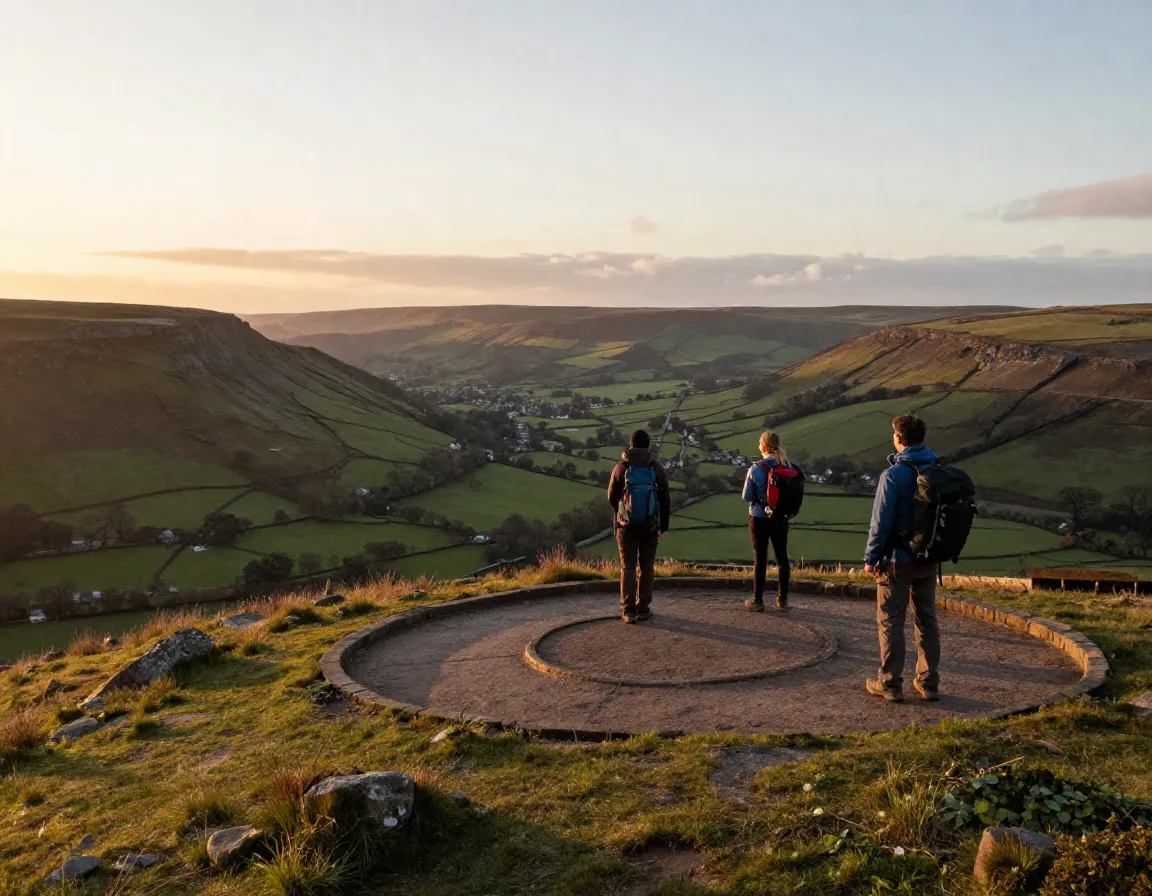 Hiker on garth hill circuit viewing panoramic taff valley landscape