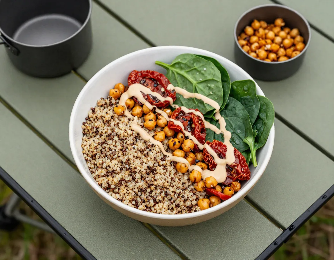 Quinoa power bowl with roasted chickpeas on camp table