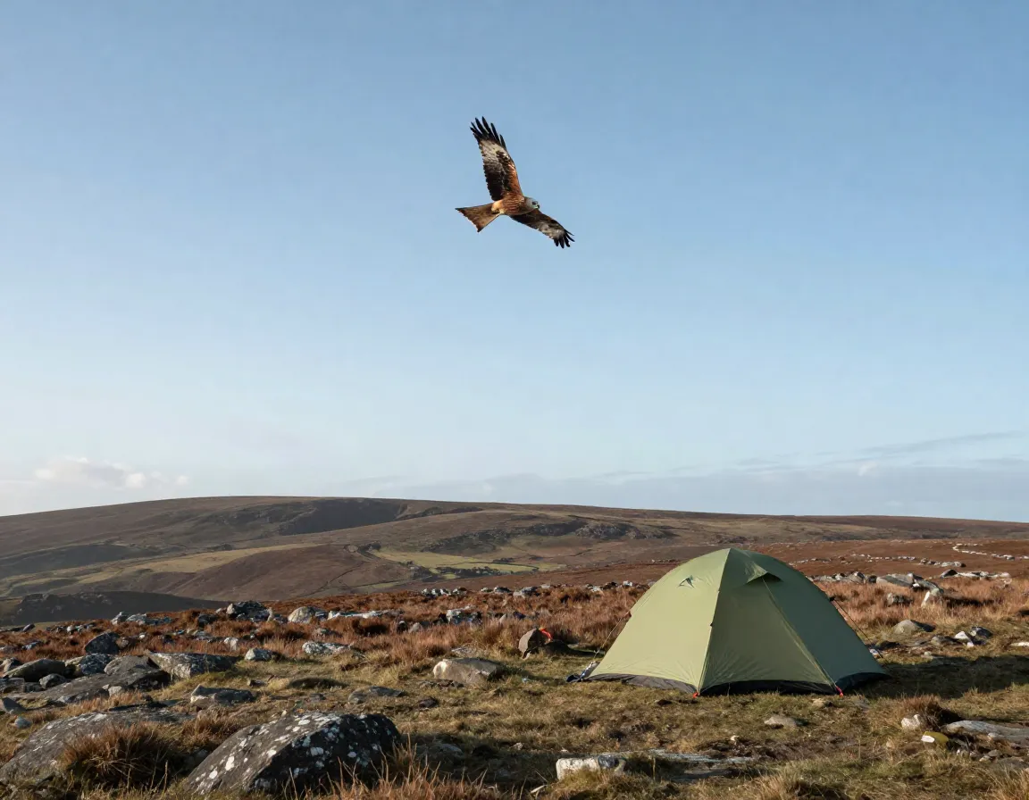 Remote wild camping on rhondda ridge plateau with red kite flying