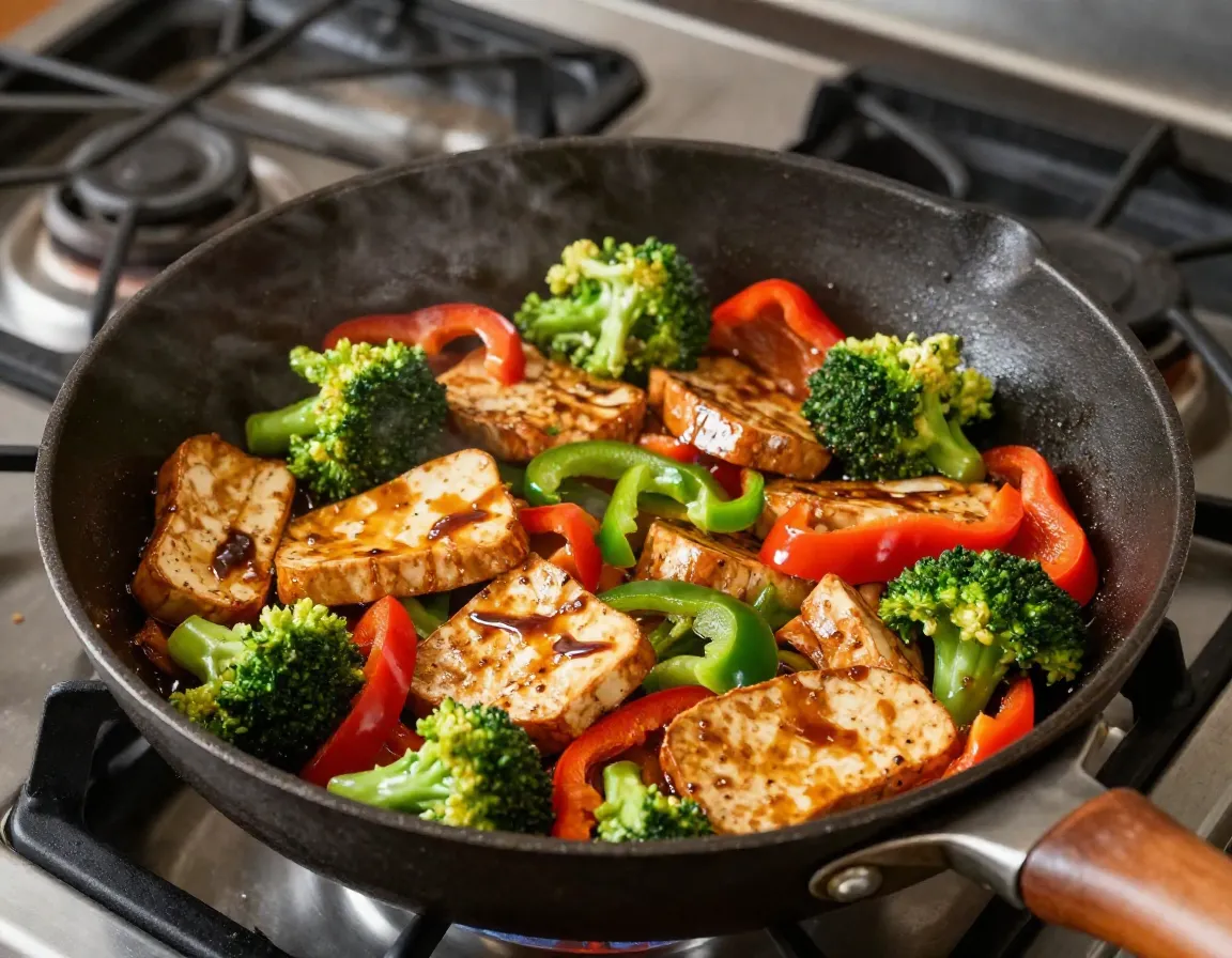 Tempeh veggie stir fry in a camp skillet