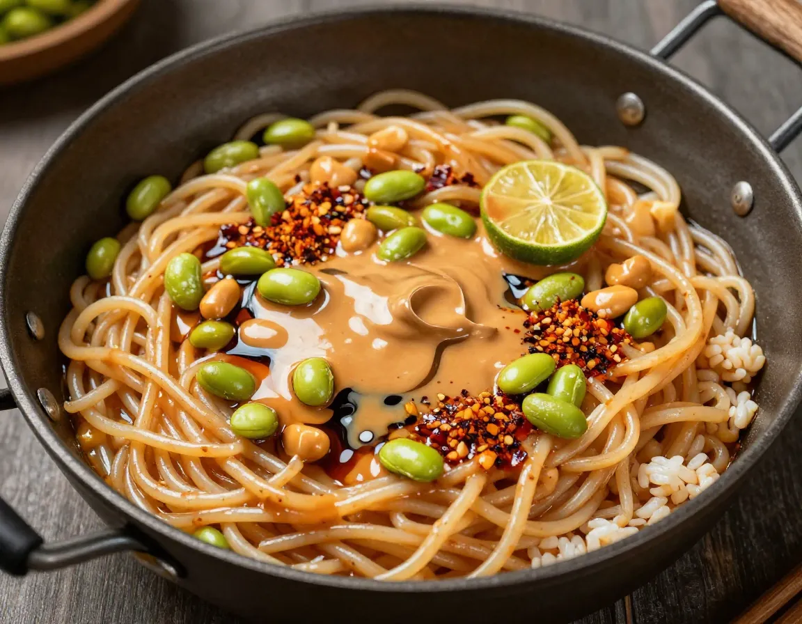 Peanut noodles with edamame tossed in camp pot