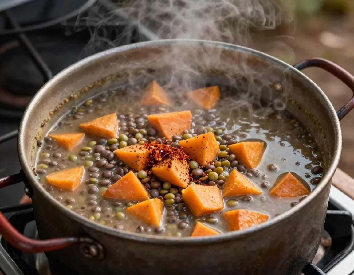 Smoky lentil sweet potato soup in camp pot