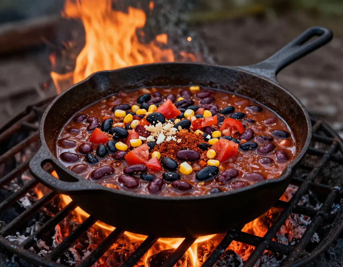 Campfire vegan chili with three beans in cast iron