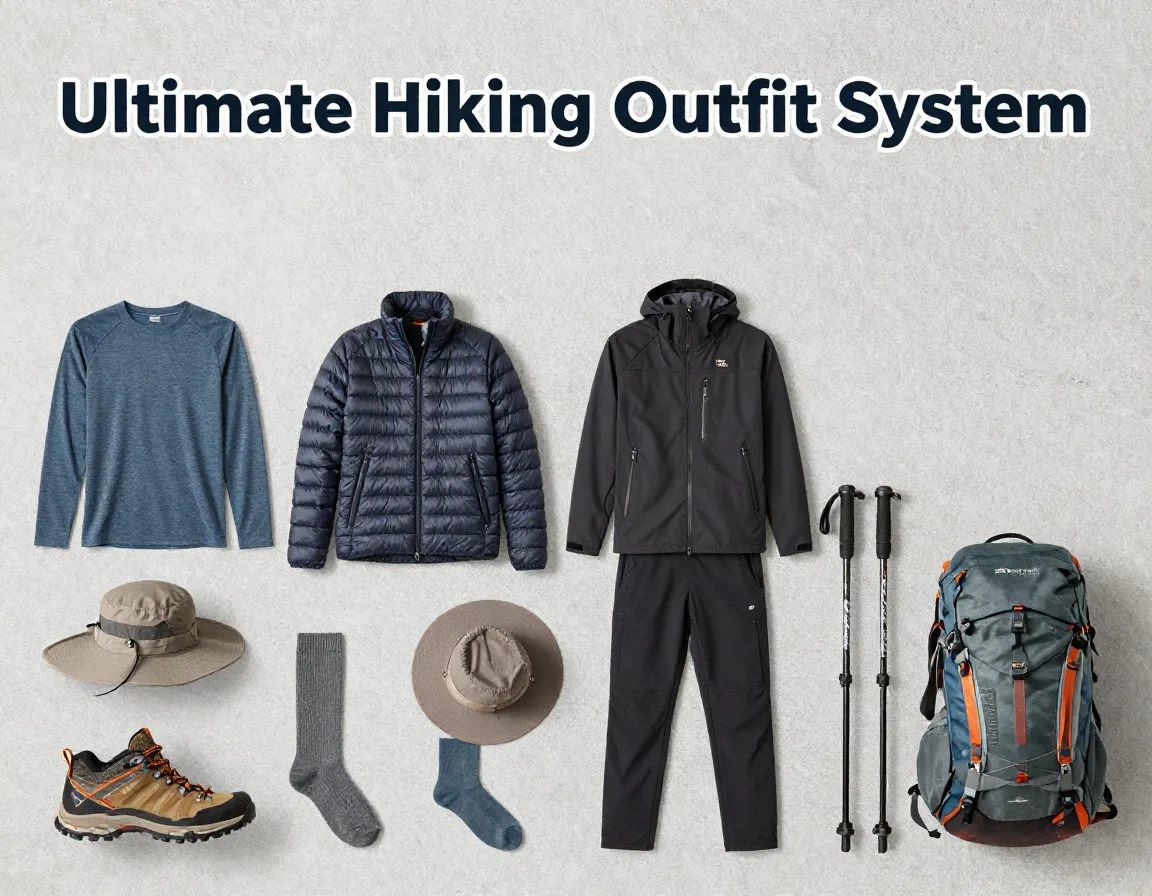 Modular hiking gear kit flat lay nine essential items arranged