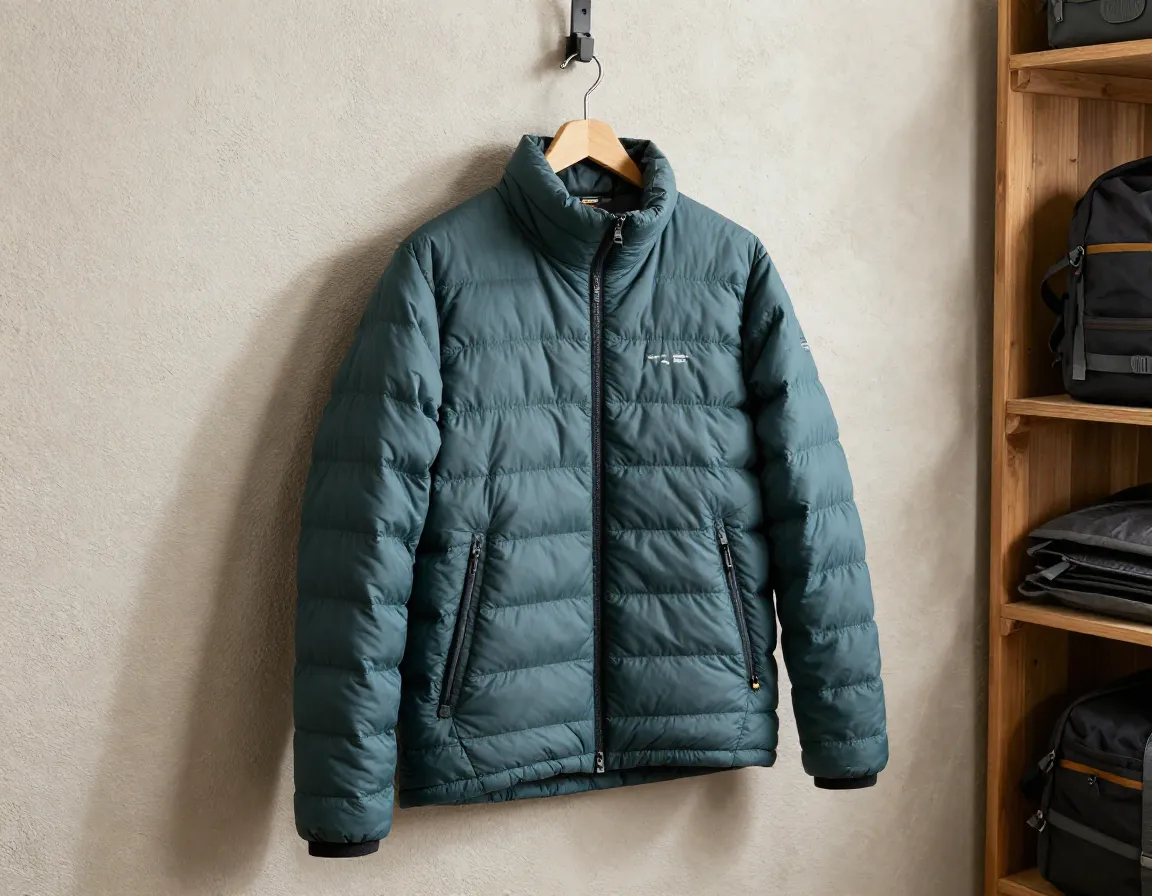 Packable down jacket hanging natural light textured backdrop