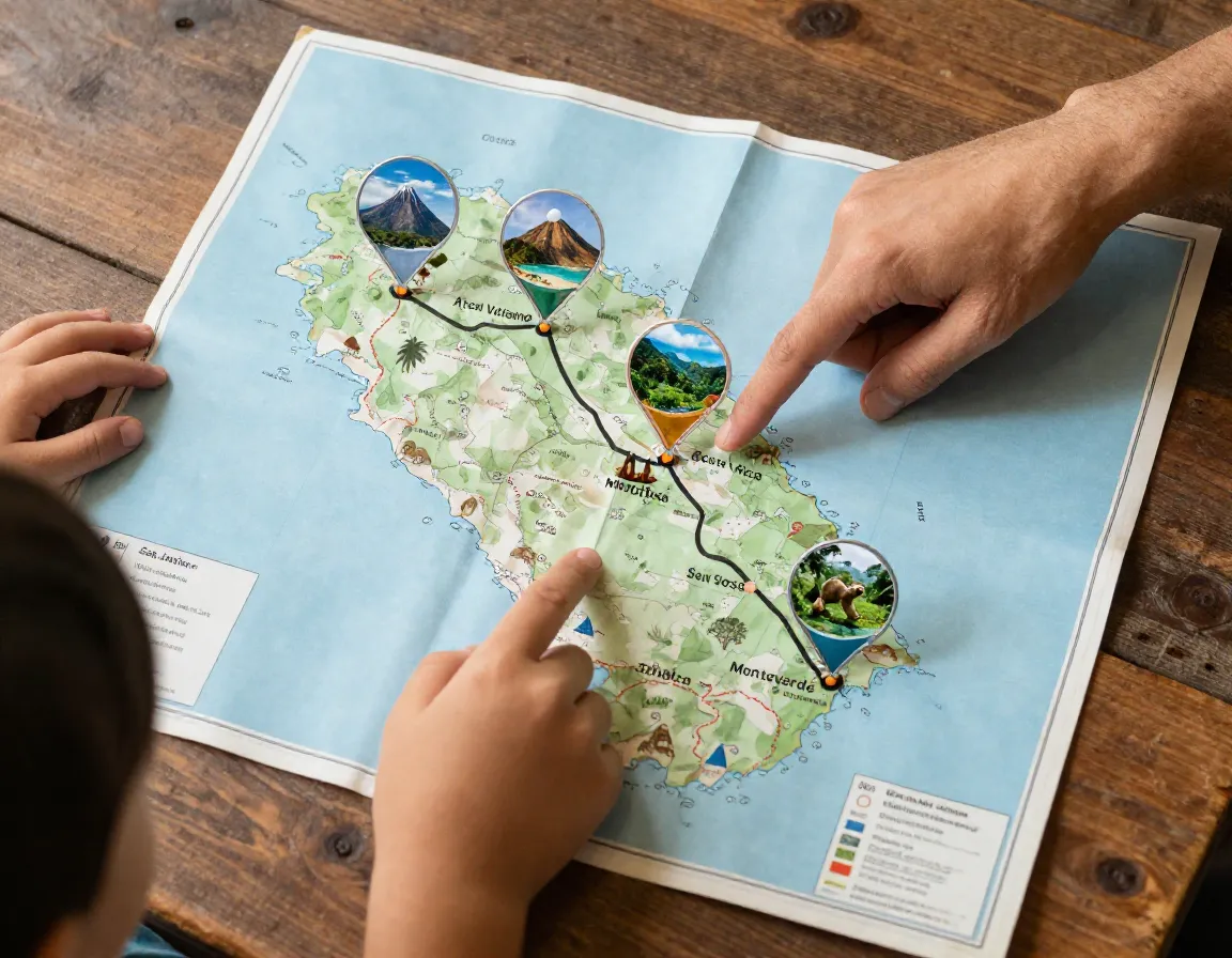 Realistic costa rica family itinerary map with volcanoes and beaches