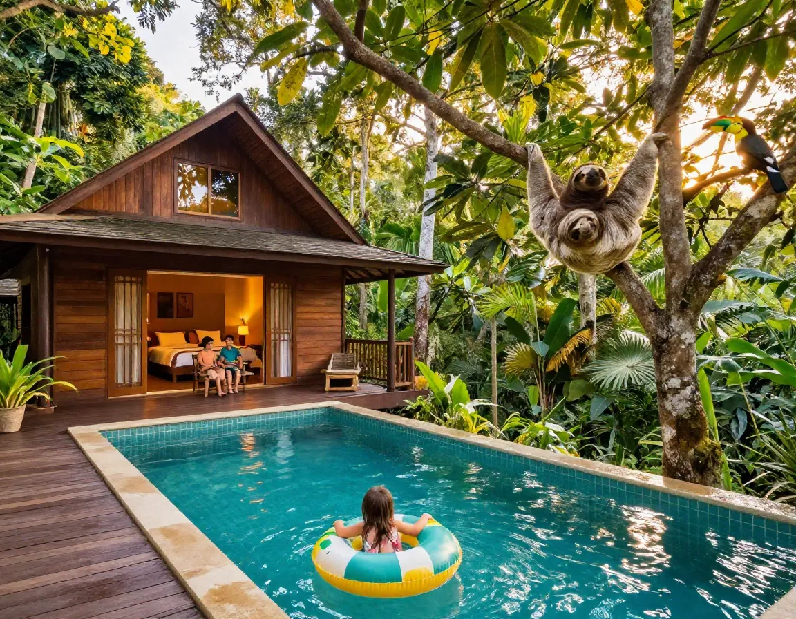 Family friendly eco lodge with pool and resident sloths in trees