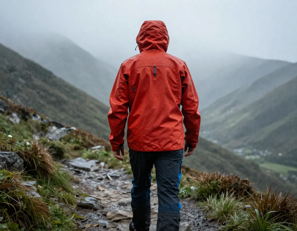 Hardshell jacket rain beading mountain trail mist