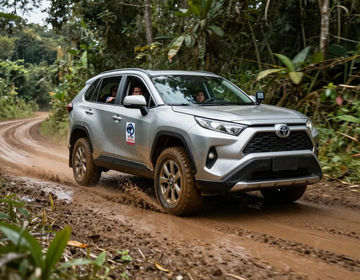 Toyota rav4 4wd rental car on a muddy unpaved costa rican road