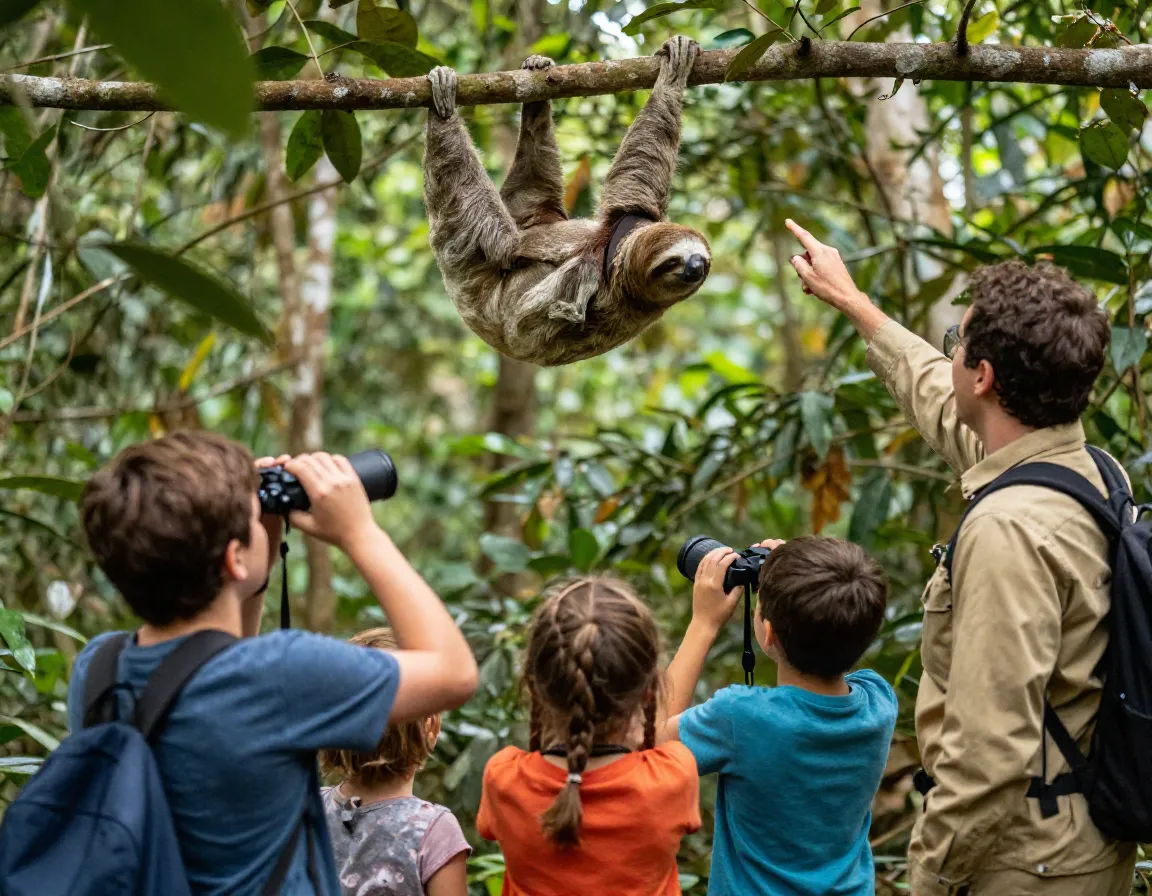 Guided family nature walk spotting a sloth in a cecropia tree