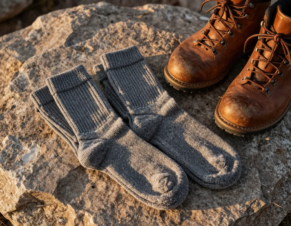 Merino wool hiking socks boots rocky ground sunlight