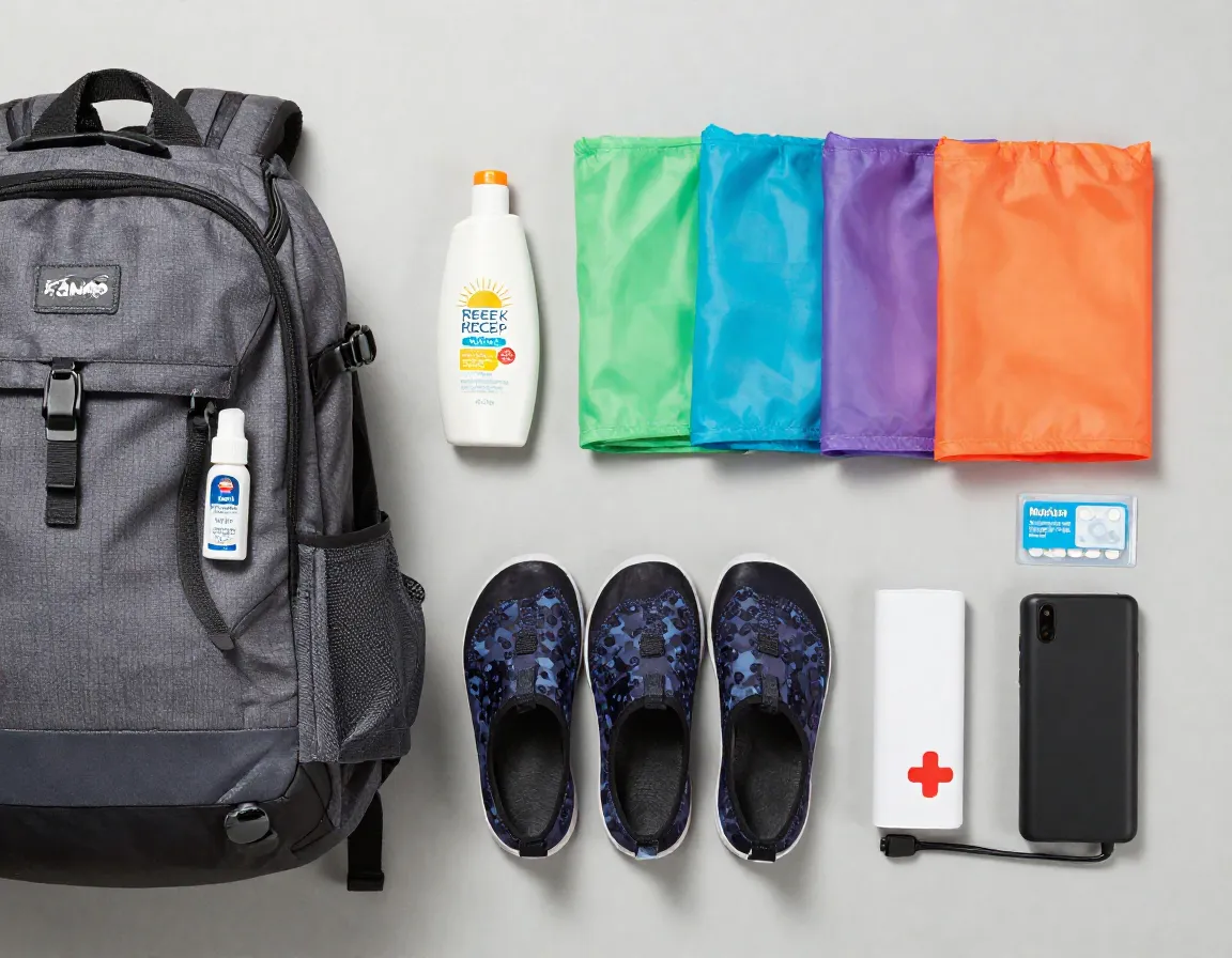 Family packing kit with sunscreen insect repellent and water shoes
