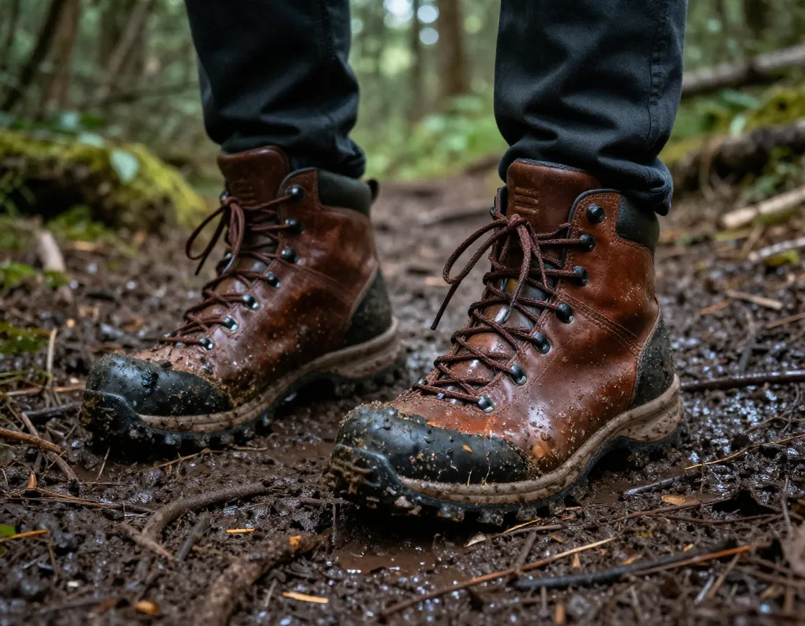 Leather hiking boots muddy forest trail treads dew