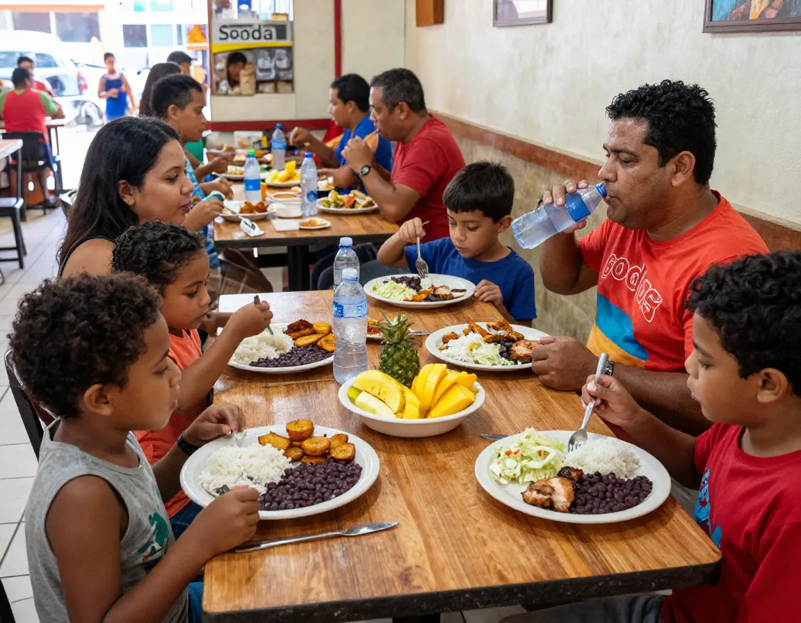 Family eating casados meal at a busy local soda diner in costa rica