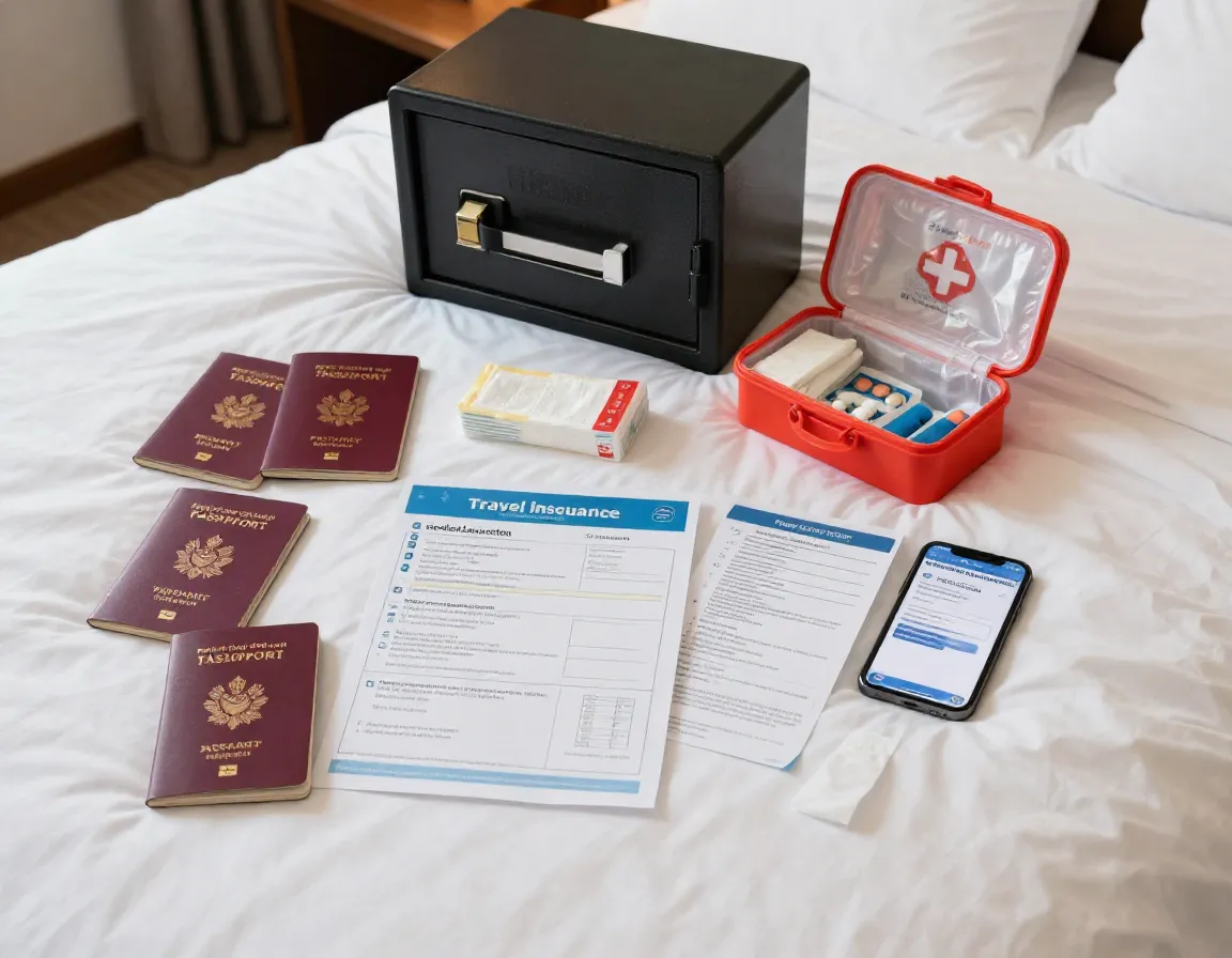 Family prepared with travel documents and safety kit on hotel bed