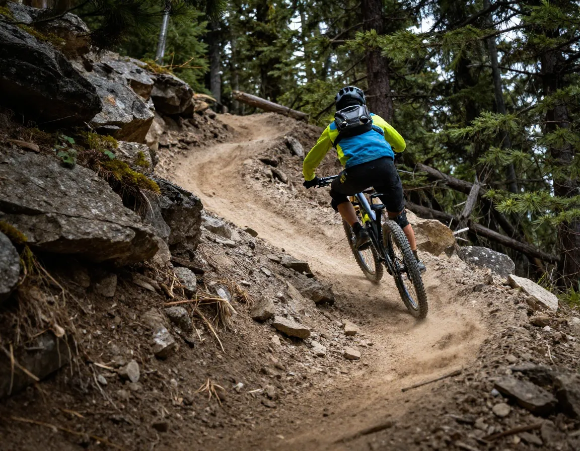 Mountain biker tackling black diamond technical descent snow summit trails