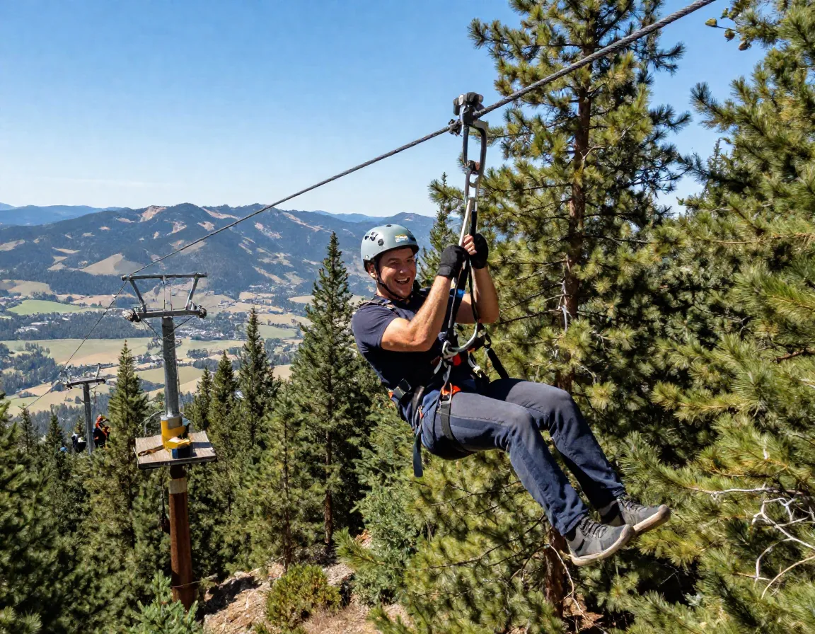 Zipliner soaring through pine forest canopy action tours big bear