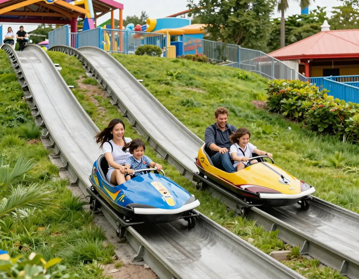 Family riding alpine slide bobsled magic mountain amusement park