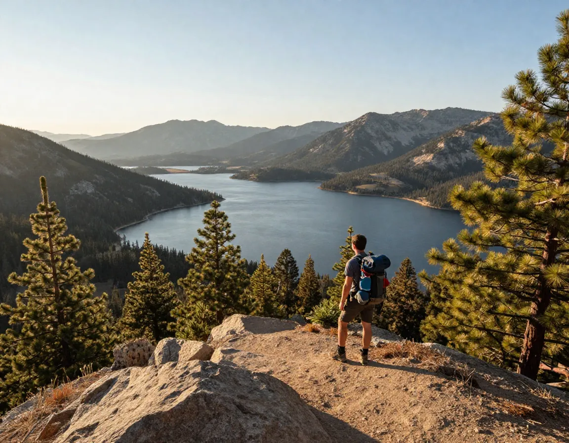 Hiker on pine knot trail overlooking big bear lake panoramic vista
