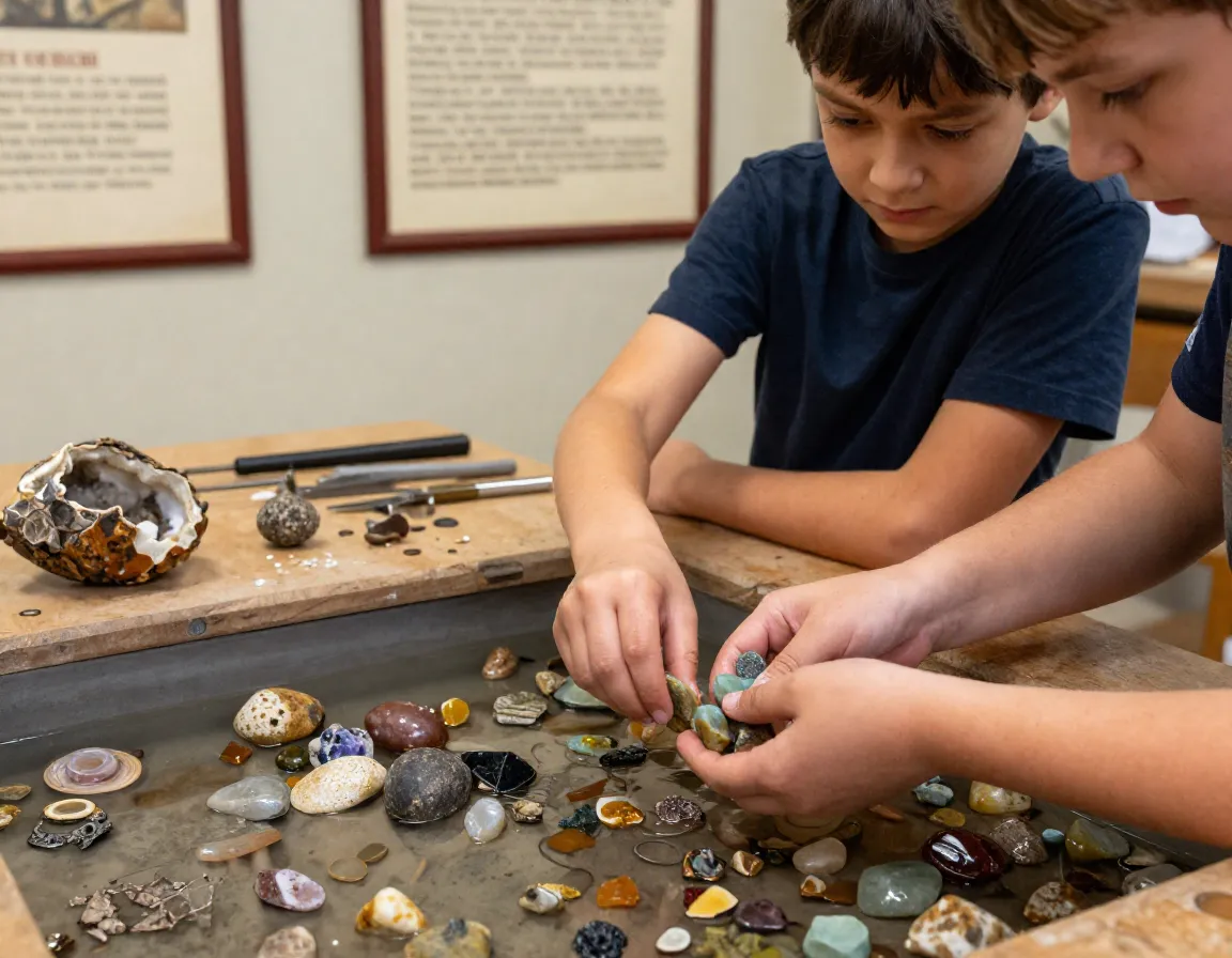 Children panning for gemstones fossils gold rush mining adventures