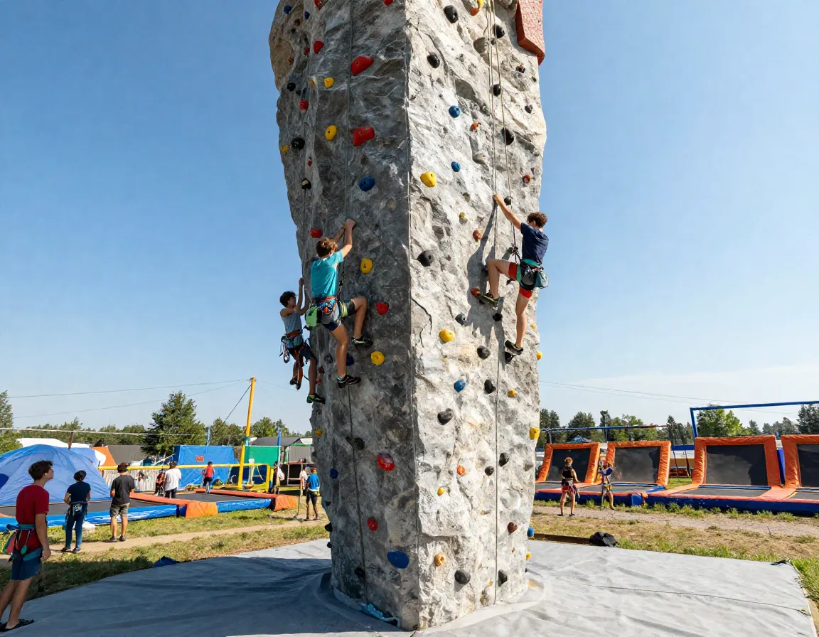 Teenager climbing 30 foot wall snow summit basecamp activity zone