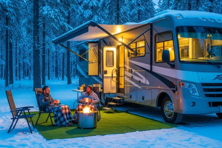 Two people in winter sit by a campfire outside an RV in a snowy forest, drinking hot beverages.