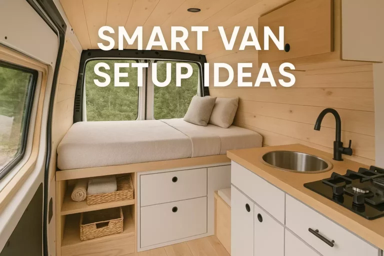 Minimalist van interior with bed, drawers, sink, stove, and wood paneling; text reads “SMART VAN SETUP IDEAS.”.
