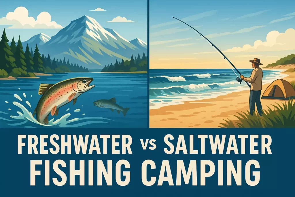 Split image: freshwater fishing by a mountain versus saltwater fishing on a beach, labeled “Freshwater vs Saltwater Fishing Camping.”.