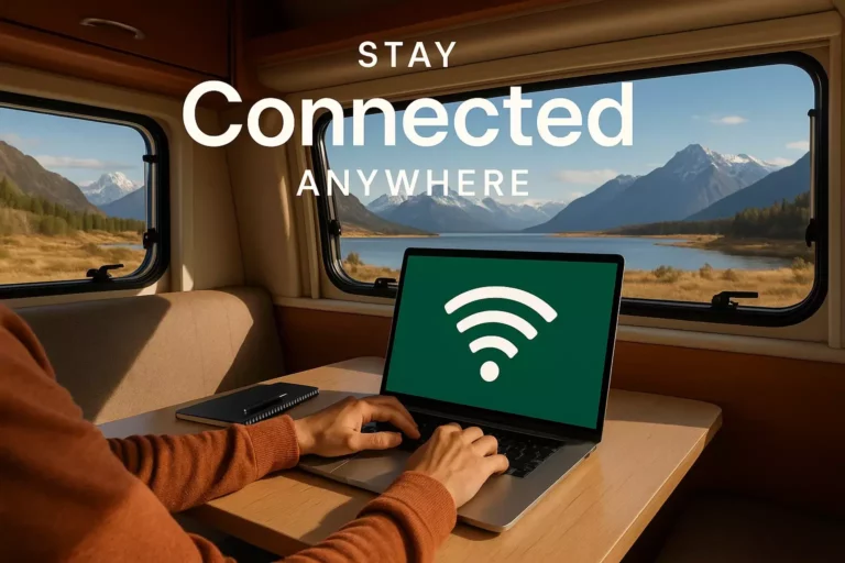 Person working on a laptop with Wi-Fi in an RV, with mountains and a lake visible through the window.