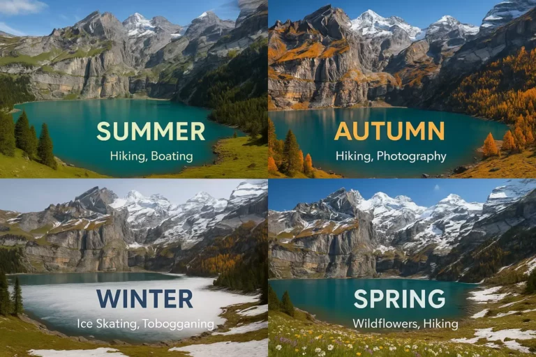 Four mountain lake scenes show summer, autumn, winter, and spring activities in each season.