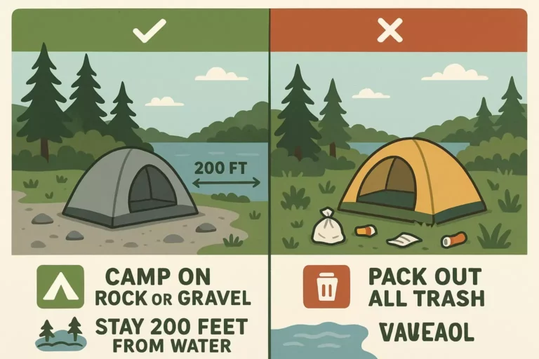 Illustration showing correct and incorrect camping: camp 200 ft from water, pack out all trash, camp on rock or gravel.