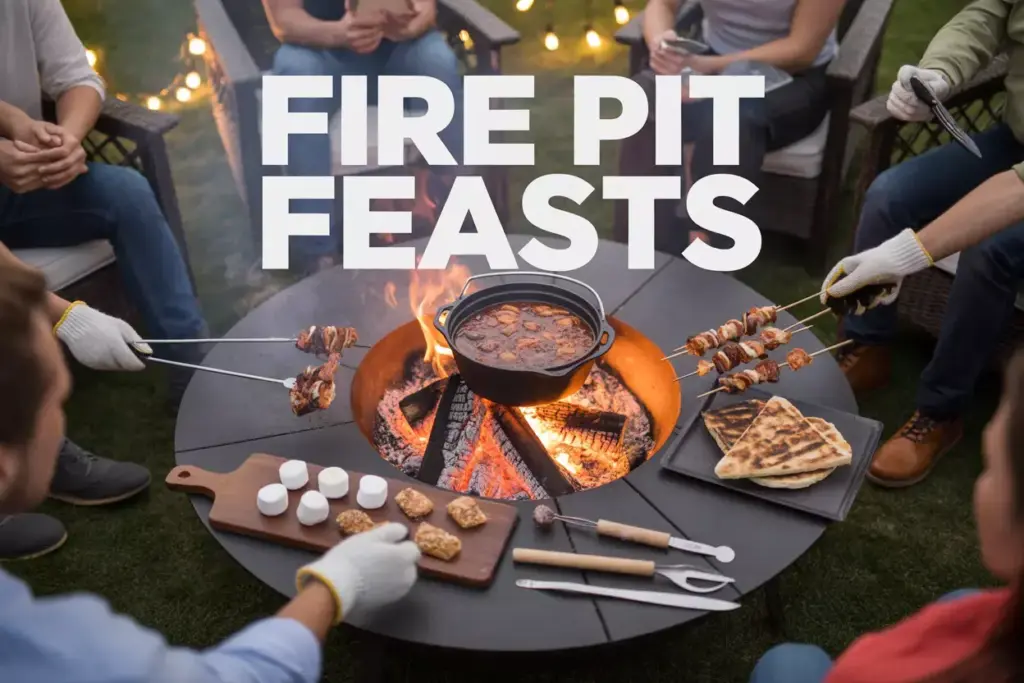 Backyard Fire Pit Cooking Scene With Dutch Oven And Gourmet Appetizers At Dusk